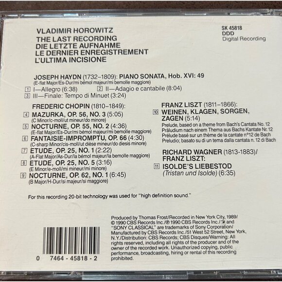 Vladimir Horowitz "The Last Recording" CD - Classical Chopin Haydn Liszt Wagner - Picture 10 of 10